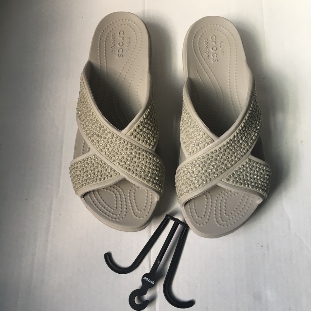 CROCS Sloane Embellished X Strap Slide Sandals Sz 10 - Picture 4 of 8